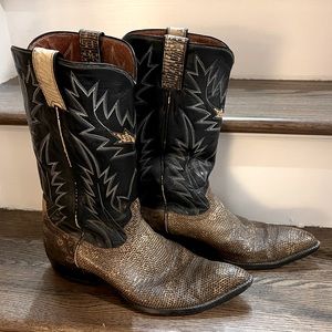 Vintage Justin Cowboy Boots-Dark Blue-Black/Brown Leather/Snakeskin-M8/WM 9.5/10
